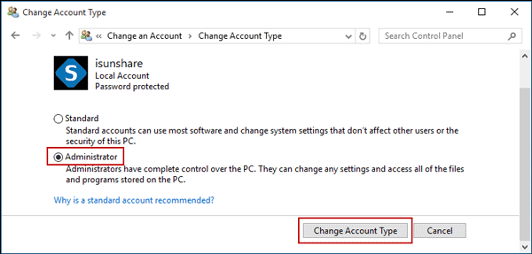 change standard user to administrator