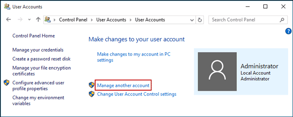 manage another account in control panel