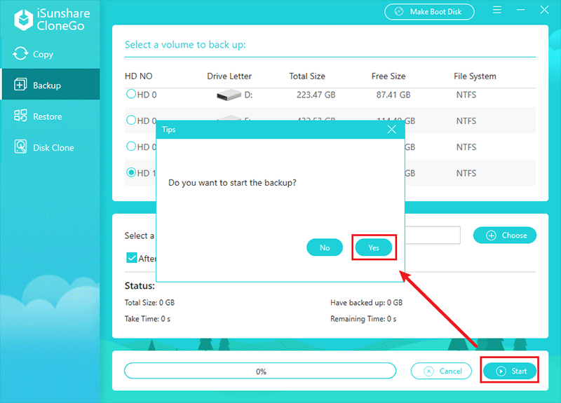 click yes to start backup system