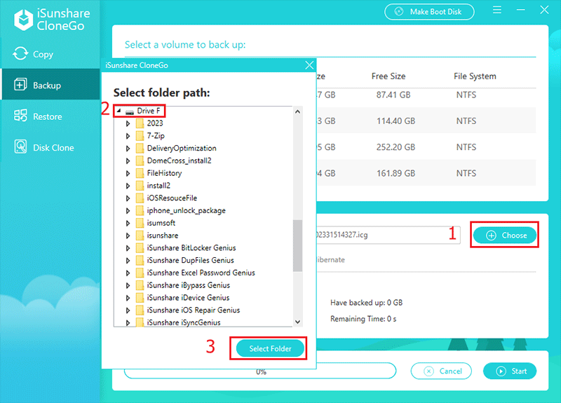 select a partition or folder to backup