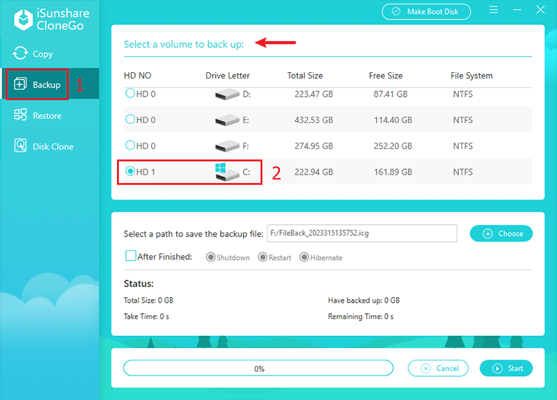 select windows system to back up