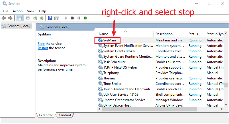 stop sysmain service