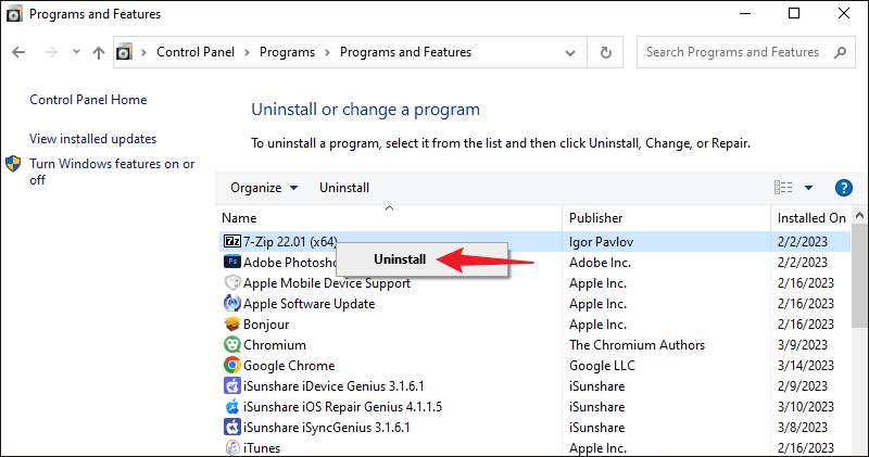 uninstall recently installed program