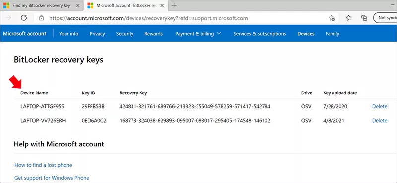 BitLocker recovery key in Microsoft account