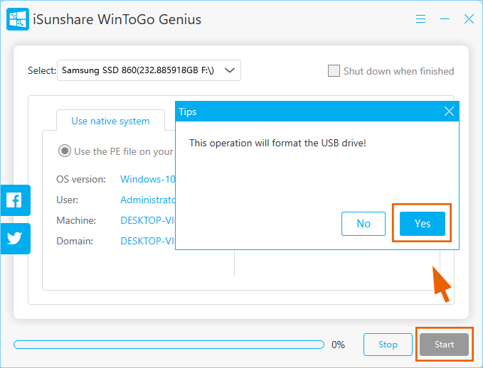 click Start and confirm formatting USB device