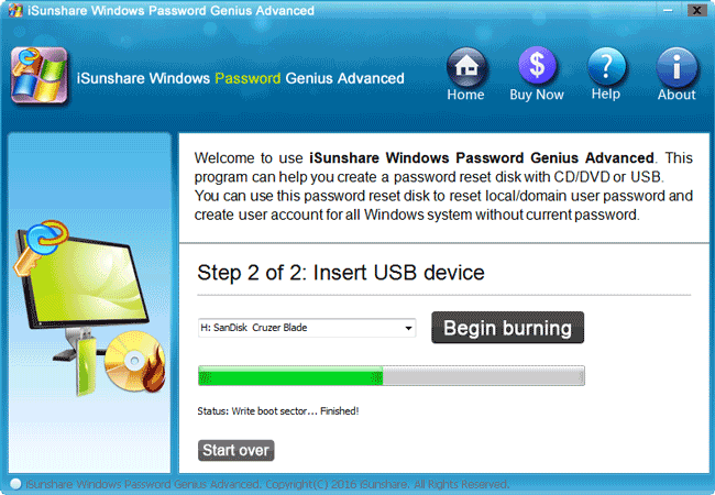 begin to make password reset disk with isunshare program