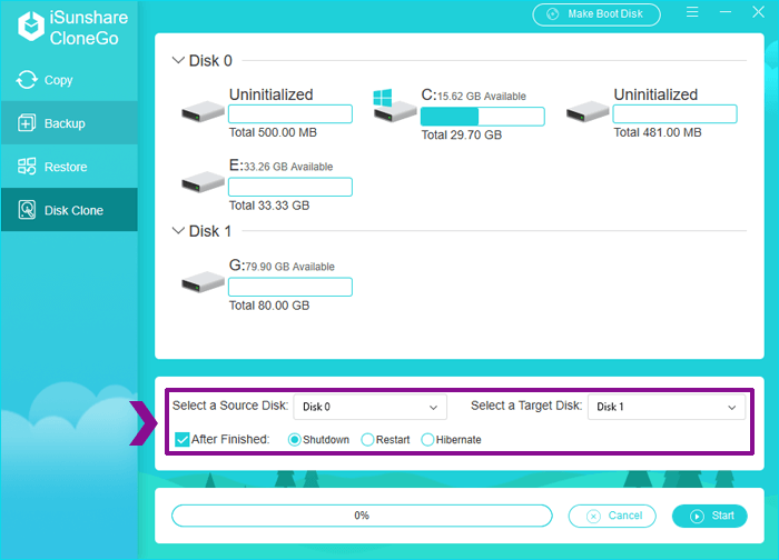 select source and target disk