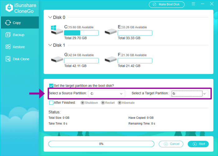 select HDD system partition and SSD destination volume