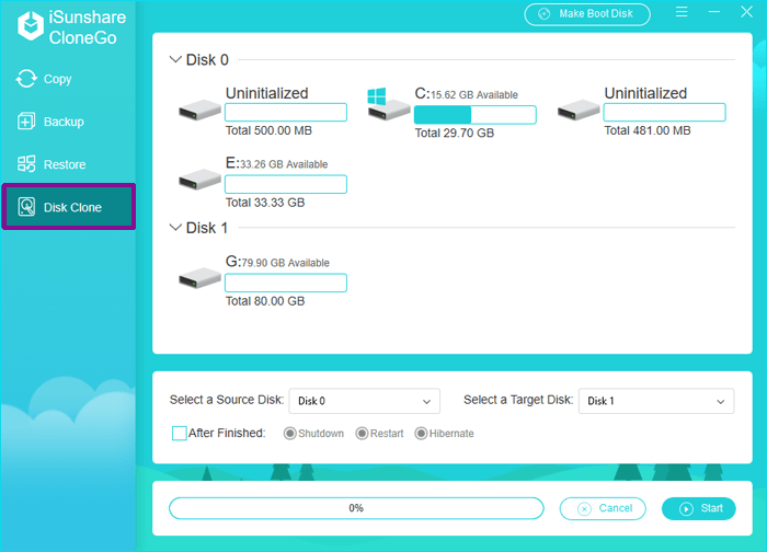 select the function of disk clone