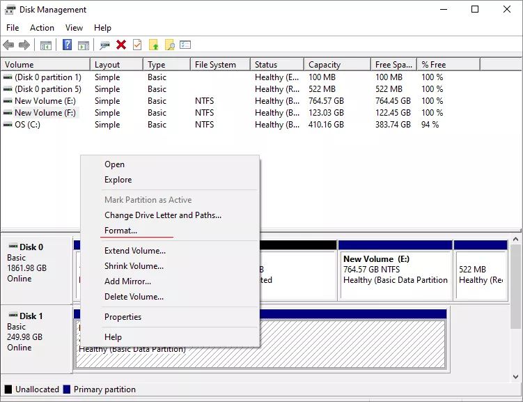 choose Format in disk management