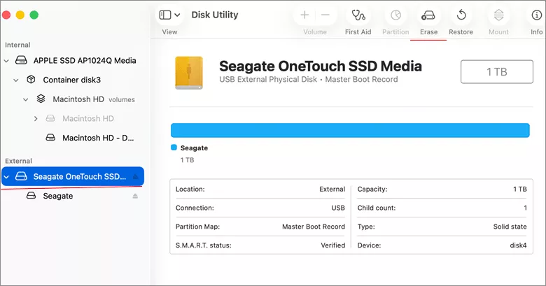 click Erase for Seagate drive