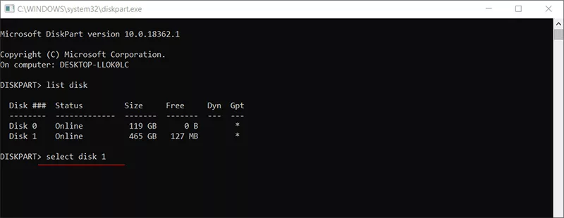 select disk command