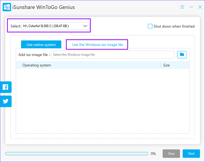 choose target USB drive and choose ISO option