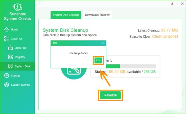 click release to clean system disk