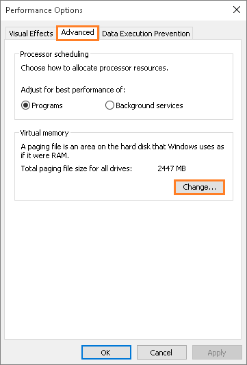 click the change button under virtual memory