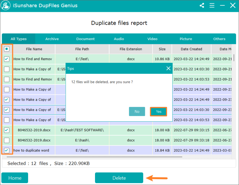 delete duplicate files