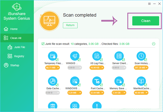  click Clean to clean computer junk files