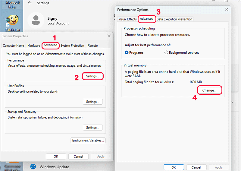 Change performance settings