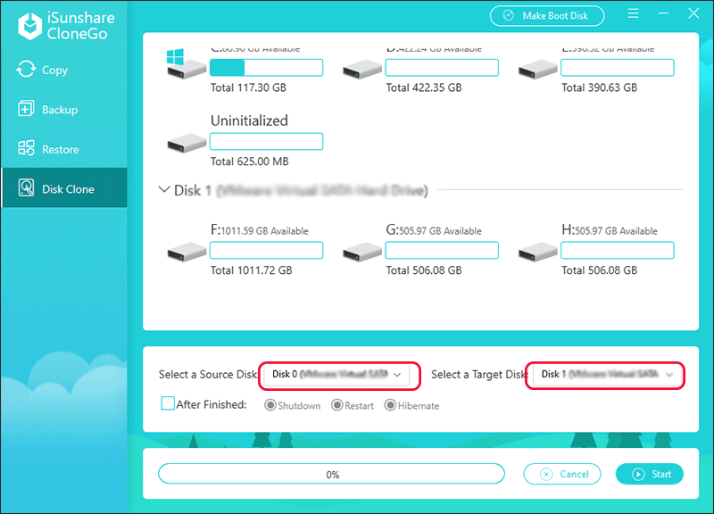 select source disk and target disk