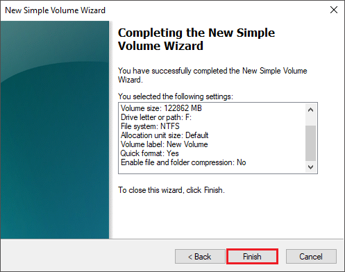 finish the new simple volume wizard