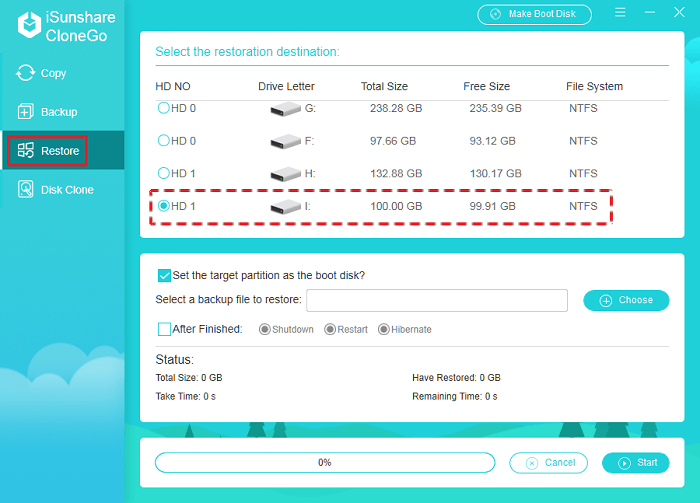 cliquez sur restaurer et sélectionnez le volume SSD