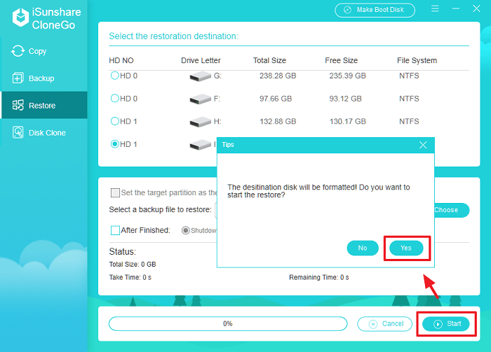 click start to begin restore process