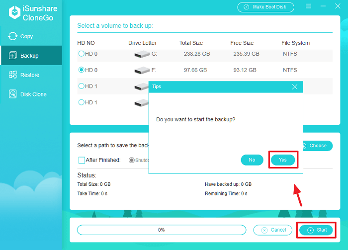 cliquez sur démarrer pour commencer le processus de sauvegarde