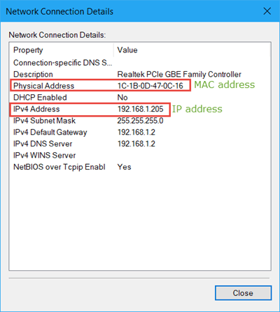 network connection details