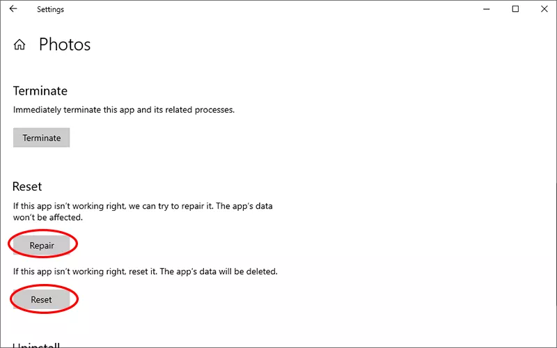 repair or reset Photos app