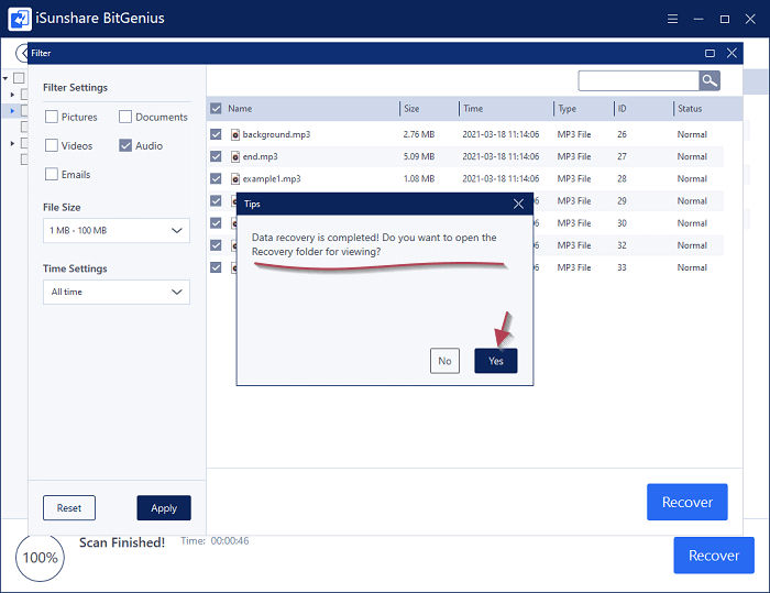 click yes to view recovered files