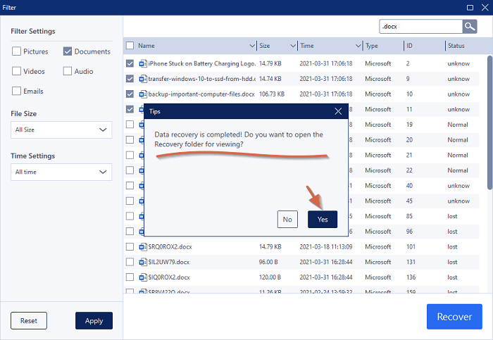 click yes to view recovered word files