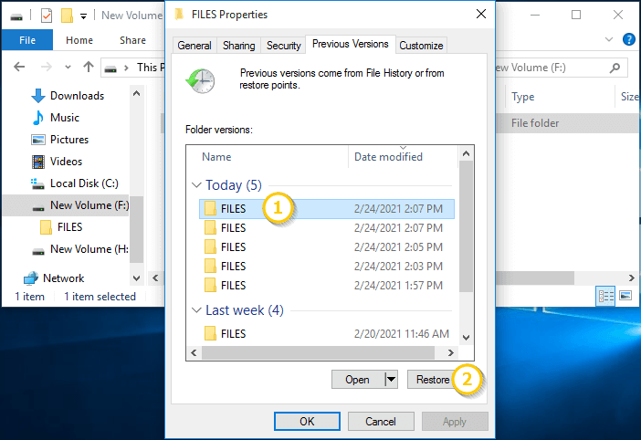 select folder version to restore
