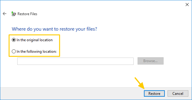 set a location to restore files
