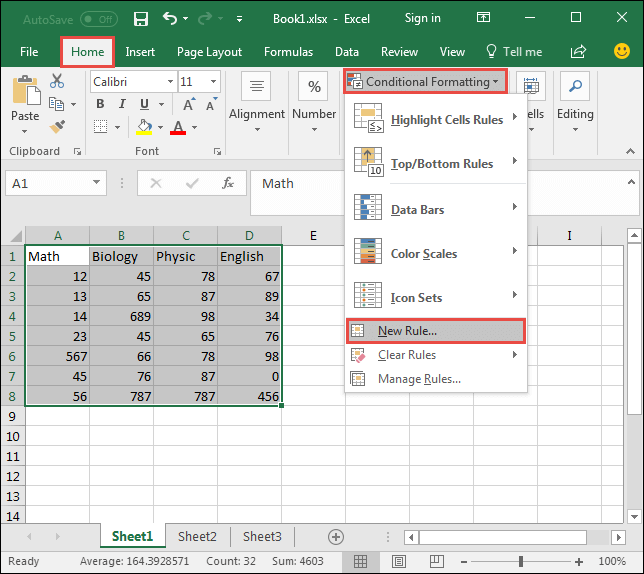 select cell range and find new rule