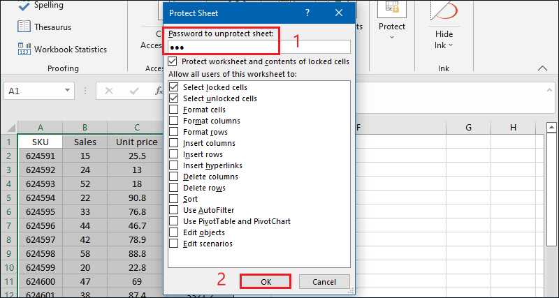 enter password to protect sheet