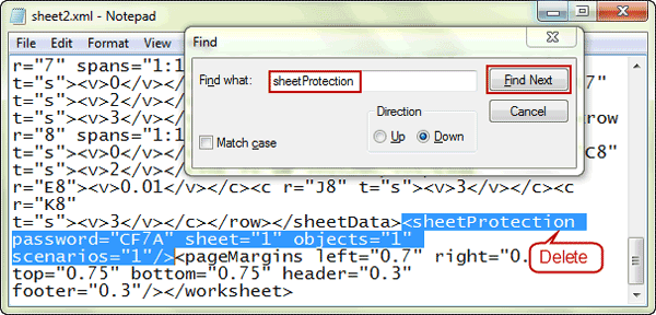 find and delete sheetProtection tag in xml file