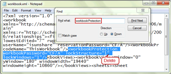 remove workbookProtection tag from xml file