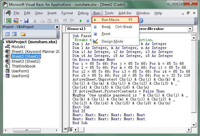 exécuter une macro dans l'éditeur VBA