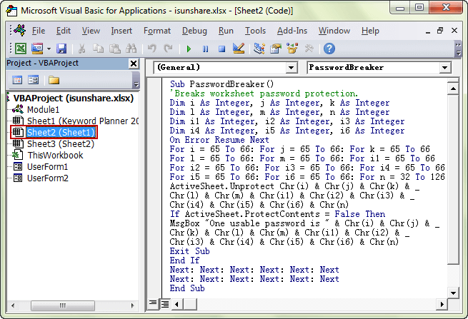 sélectionnez la feuille Excel dans VBA pour déprotéger