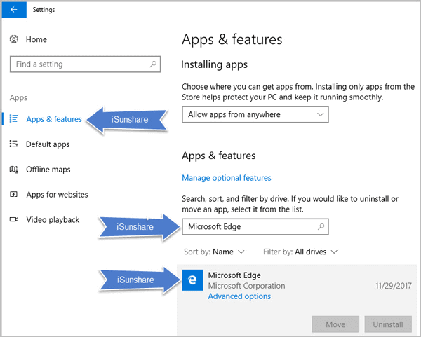search microsoft edge under apps and features part