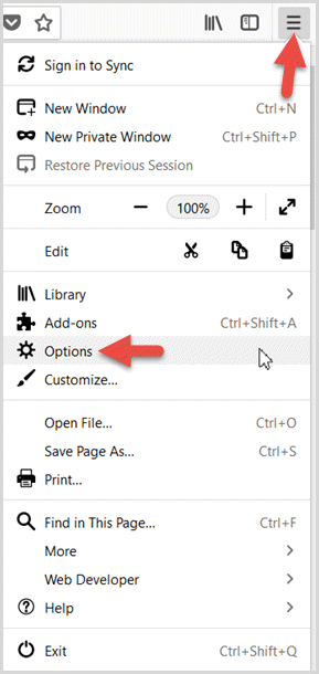 firefox menu options