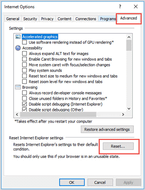 reset internet explorer windows 10