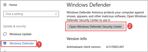 open windows defenfer security center