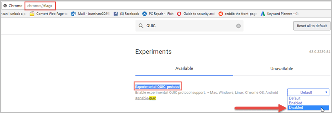 disable experimental quic protocol