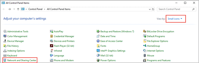 view small icons and select network and sharing center