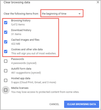 clear chrome cache cookies and history