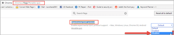 disable experimental quic-protocol
