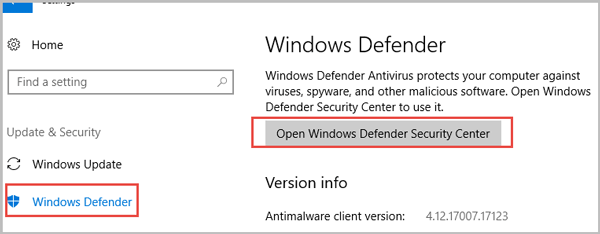 open windows defender security center