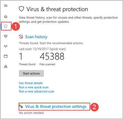 virus and threat protection settings