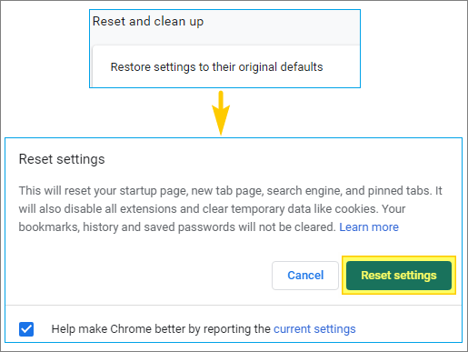 restore Chrome settings